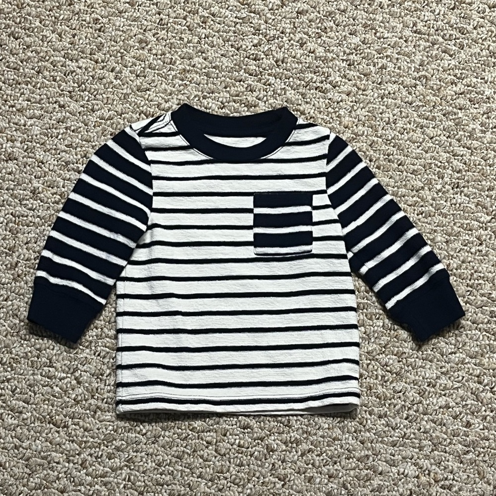 Cat & Jack navy and off white striped shirt 12m